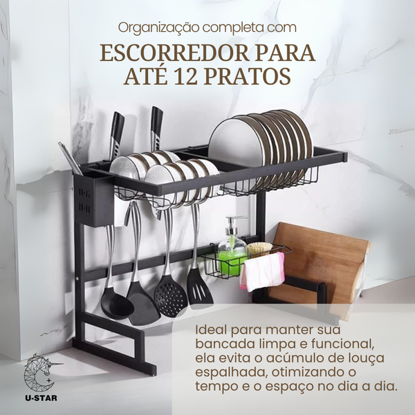 Escorredor de Louças Suspenso Preto Cozinha Modular Organizador Pratos Talheres Aço Moderno (65x32x52cm)