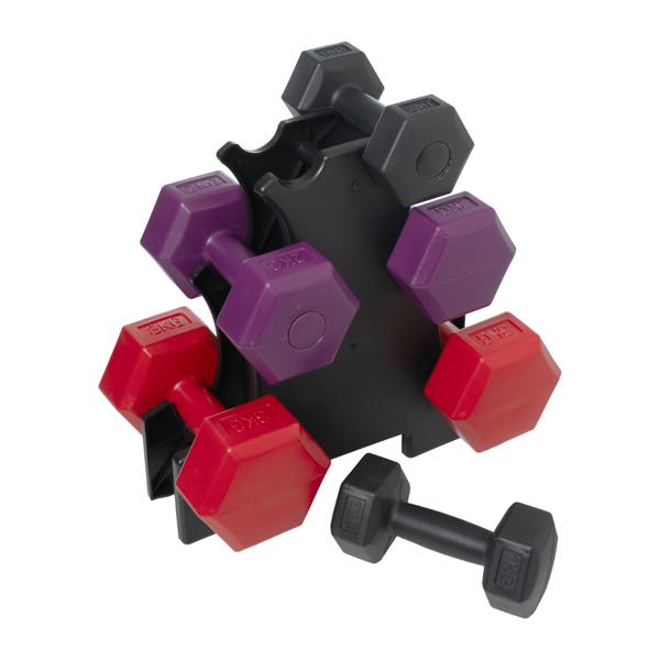 Conjunto 3 Haltere Sextavado Peso Academia Fitness + Suporte 12kg