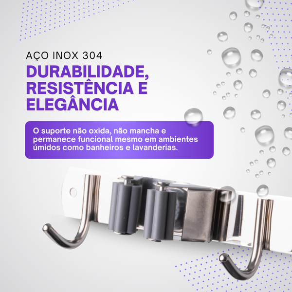 Suporte de Parede Aço Inox para Vassouras Rodos e Mops Organizador de Cozinha e Lavanderia com Ganchos