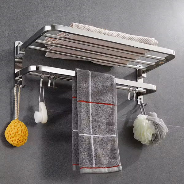 Toalheiro Duplo Aço Inox para Banheiro com Prateleira e Ganchos - Barra Adesiva Porta Toalha 63x26x5,5cm